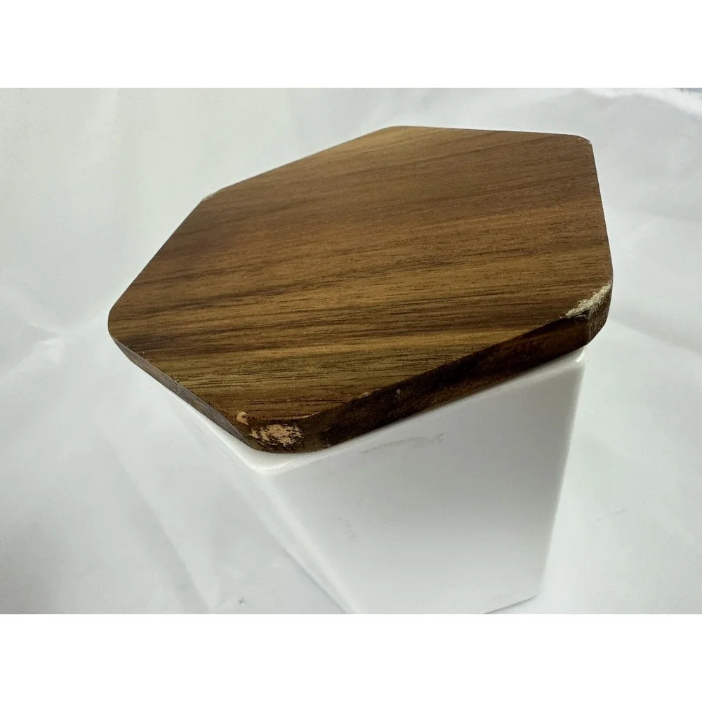 TEAVANA White Hexagon Porcelain Tea Kitchen Storage Canister 4 oz Wooden Lid